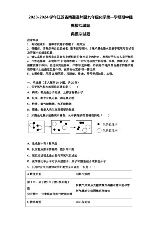 2023-2024学年江苏省南通通州区九年级化学第一学期期中经典模拟试题含解析.doc