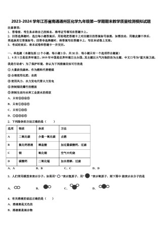 2023-2024学年江苏省南通通州区化学九年级第一学期期末教学质量检测模拟试题含解析.doc