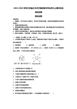 2023-2024学年江苏省大丰市万盈初级中学化学九上期中综合测试试题含解析.doc