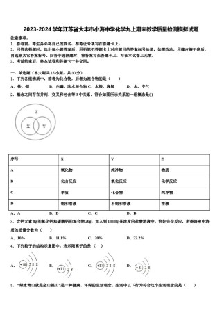 2023-2024学年江苏省大丰市小海中学化学九上期末教学质量检测模拟试题含解析.doc