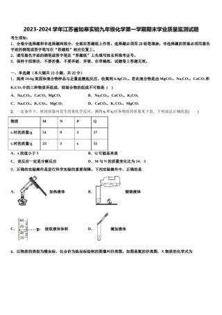 2023-2024学年江苏省如皋实验九年级化学第一学期期末学业质量监测试题含解析.doc