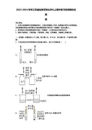 2023-2024学年江苏省如皋实验化学九上期中复习检测模拟试题含解析.doc