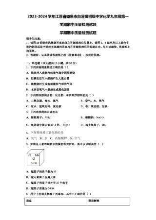 2023-2024学年江苏省如皋市白蒲镇初级中学化学九年级第一学期期中质量检测试题含解析.doc