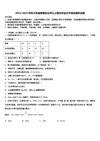 2023-2024学年江苏省姜堰区化学九上期末学业水平测试模拟试题含解析.doc