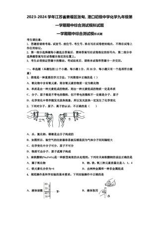 2023-2024学年江苏省姜堰区张甸、港口初级中学化学九年级第一学期期中综合测试模拟试题含解析.doc