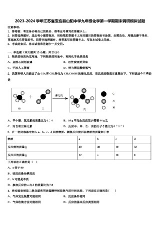 2023-2024学年江苏省宝应县山阳中学九年级化学第一学期期末调研模拟试题含解析.doc