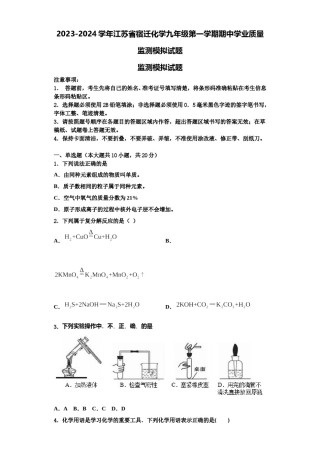 2023-2024学年江苏省宿迁化学九年级第一学期期中学业质量监测模拟试题含解析.doc