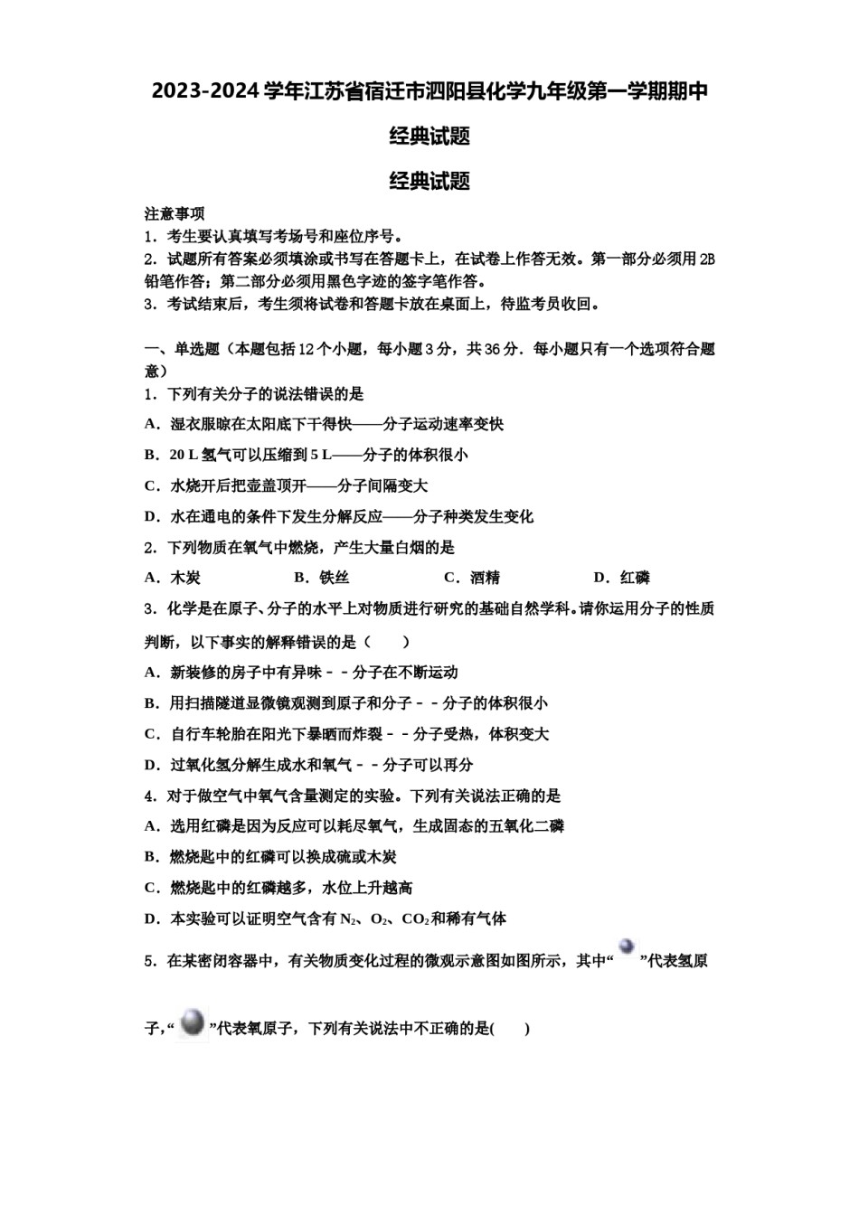 2023-2024学年江苏省宿迁市泗阳县化学九年级第一学期期中经典试题含解析.doc_第1页