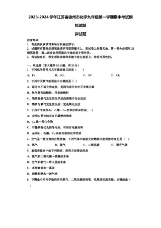 2023-2024学年江苏省徐州市化学九年级第一学期期中考试模拟试题含解析.doc