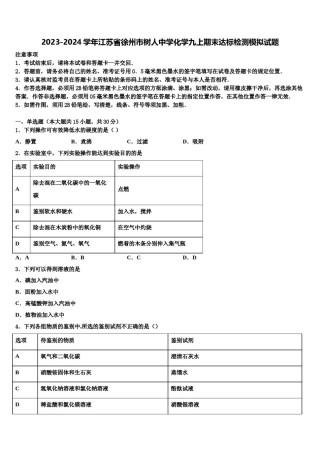 2023-2024学年江苏省徐州市树人中学化学九上期末达标检测模拟试题含解析.doc