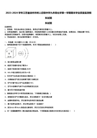 2023-2024学年江苏省徐州市树人初级中学九年级化学第一学期期末学业质量监测模拟试题含解析.doc