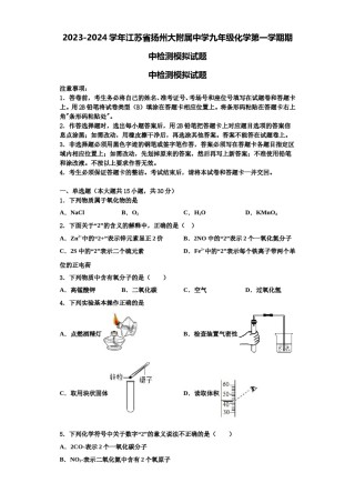 2023-2024学年江苏省扬州大附属中学九年级化学第一学期期中检测模拟试题含解析.doc