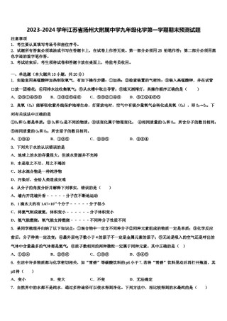 2023-2024学年江苏省扬州大附属中学九年级化学第一学期期末预测试题含解析.doc