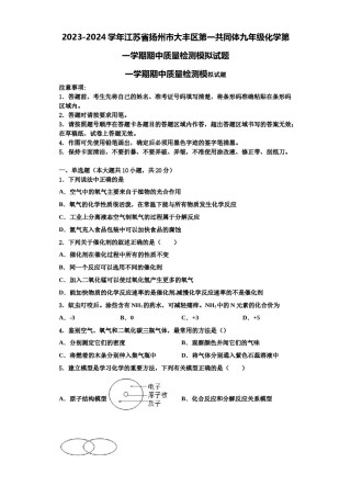 2023-2024学年江苏省扬州市大丰区第一共同体九年级化学第一学期期中质量检测模拟试题含解析.doc