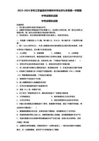 2023-2024学年江苏省扬州市梅岭中学化学九年级第一学期期中考试模拟试题含解析.doc