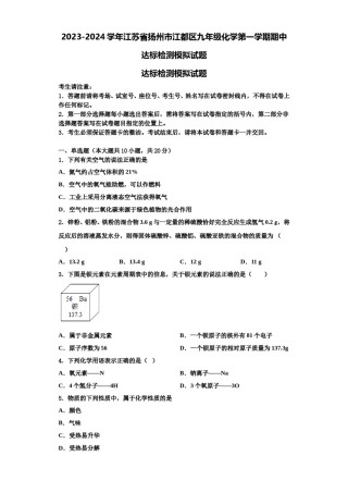 2023-2024学年江苏省扬州市江都区九年级化学第一学期期中达标检测模拟试题含解析.doc