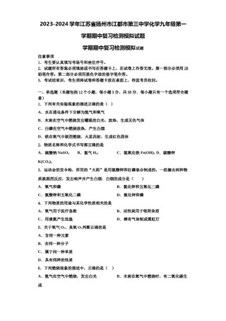 2023-2024学年江苏省扬州市江都市第三中学化学九年级第一学期期中复习检测模拟试题含解析.doc