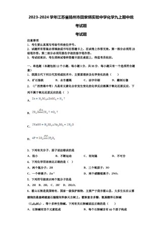 2023-2024学年江苏省扬州市田家炳实验中学化学九上期中统考试题含解析.doc