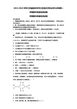 2023-2024学年江苏省扬州市邗江区部分学校化学九年级第一学期期中质量检测试题含解析.doc