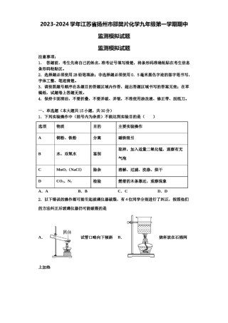 2023-2024学年江苏省扬州市邵樊片化学九年级第一学期期中监测模拟试题含解析.doc