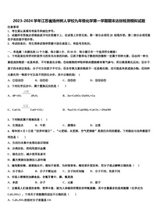 2023-2024学年江苏省扬州树人学校九年级化学第一学期期末达标检测模拟试题含解析.doc