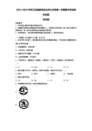 2023-2024学年江苏省新吴区化学九年级第一学期期中考试模拟试题含解析.doc