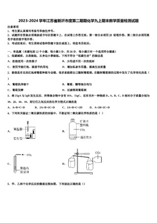 2023-2024学年江苏省新沂市度第二期期化学九上期末教学质量检测试题含解析.doc