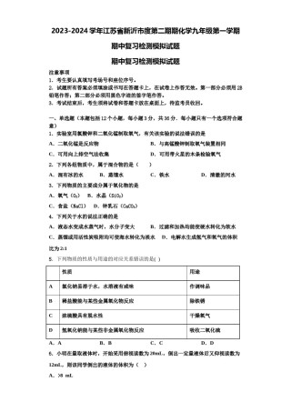 2023-2024学年江苏省新沂市度第二期期化学九年级第一学期期中复习检测模拟试题含解析.doc