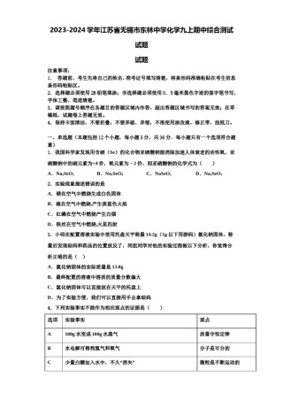 2023-2024学年江苏省无锡市东林中学化学九上期中综合测试试题含解析.doc