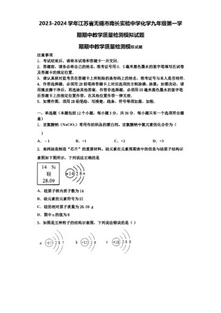 2023-2024学年江苏省无锡市南长实验中学化学九年级第一学期期中教学质量检测模拟试题含解析.doc