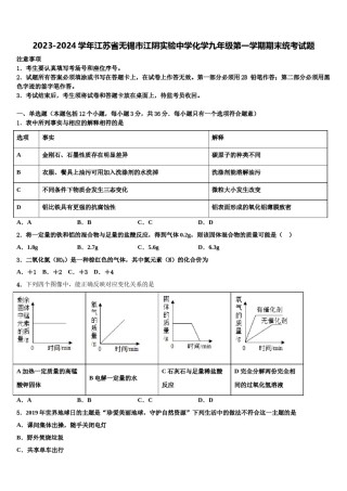 2023-2024学年江苏省无锡市江阴实验中学化学九年级第一学期期末统考试题含解析.doc