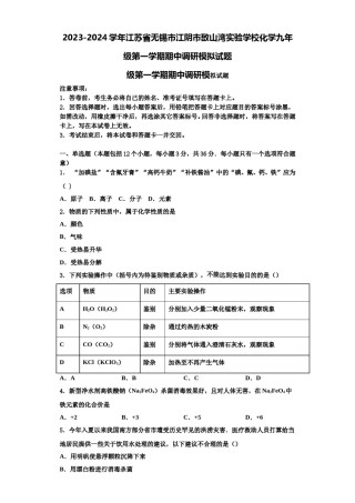 2023-2024学年江苏省无锡市江阴市敔山湾实验学校化学九年级第一学期期中调研模拟试题含解析.doc