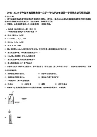 2023-2024学年江苏省无锡市第一女子中学化学九年级第一学期期末复习检测试题含解析.doc