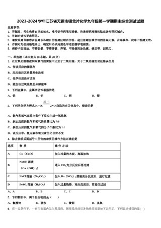 2023-2024学年江苏省无锡市锡北片化学九年级第一学期期末综合测试试题含解析.doc