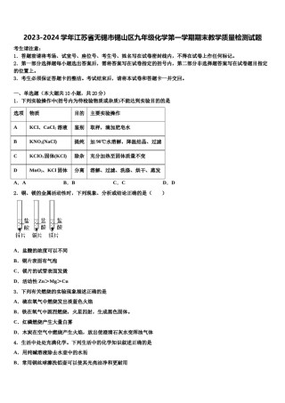 2023-2024学年江苏省无锡市锡山区九年级化学第一学期期末教学质量检测试题含解析.doc