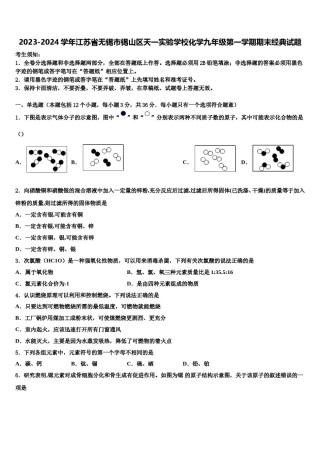 2023-2024学年江苏省无锡市锡山区天一实验学校化学九年级第一学期期末经典试题含解析.doc