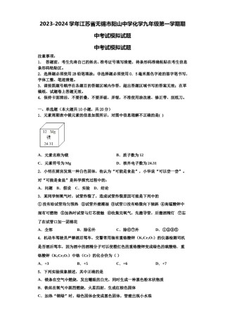 2023-2024学年江苏省无锡市阳山中学化学九年级第一学期期中考试模拟试题含解析.doc