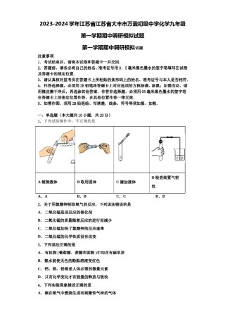 2023-2024学年江苏省江苏省大丰市万盈初级中学化学九年级第一学期期中调研模拟试题含解析.doc