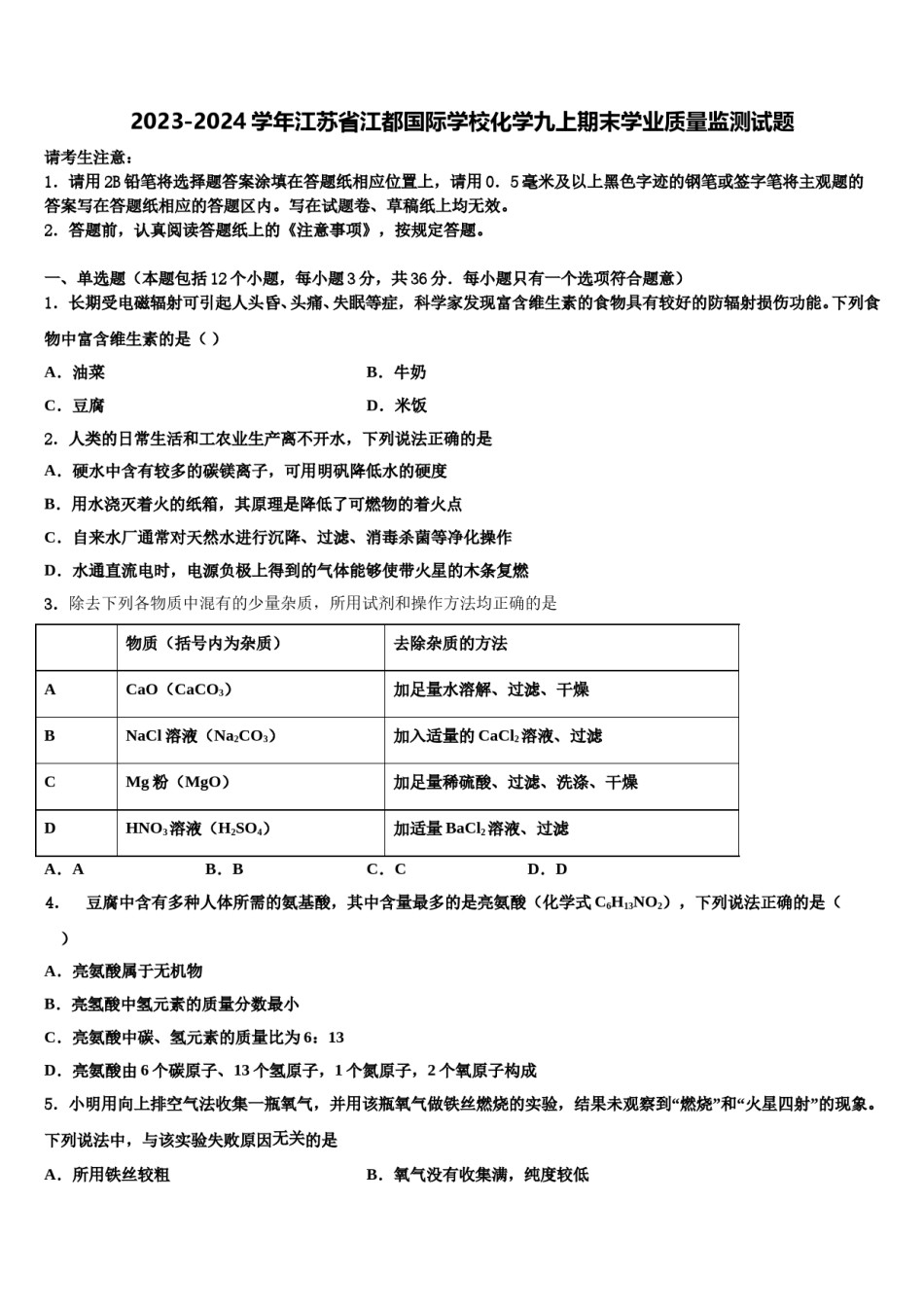 2023-2024学年江苏省江都国际学校化学九上期末学业质量监测试题含解析.doc_第1页
