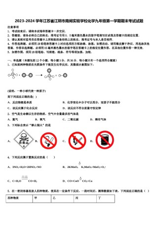 2023-2024学年江苏省江阴市南闸实验学校化学九年级第一学期期末考试试题含解析.doc