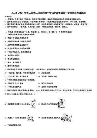 2023-2024学年江苏省江阴市河塘中学化学九年级第一学期期末考试试题含解析.doc