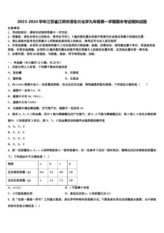 2023-2024学年江苏省江阴市澄东片化学九年级第一学期期末考试模拟试题含解析.doc