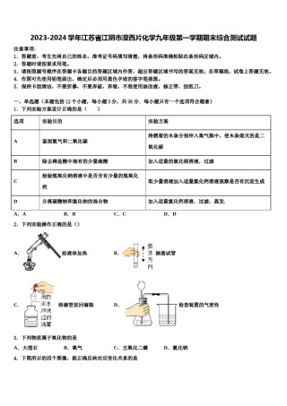 2023-2024学年江苏省江阴市澄西片化学九年级第一学期期末综合测试试题含解析.doc