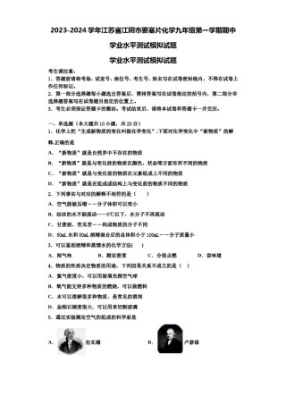 2023-2024学年江苏省江阴市要塞片化学九年级第一学期期中学业水平测试模拟试题含解析.doc