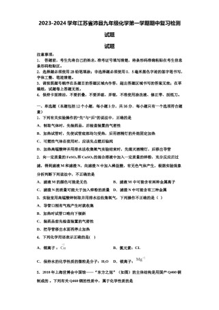 2023-2024学年江苏省沛县九年级化学第一学期期中复习检测试题含解析.doc