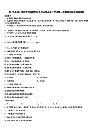 2023-2024学年江苏省泗阳县王集中学化学九年级第一学期期末联考模拟试题含解析.doc