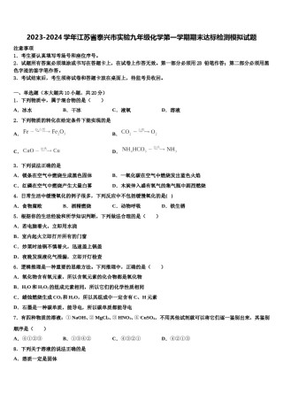 2023-2024学年江苏省泰兴市实验九年级化学第一学期期末达标检测模拟试题含解析.doc
