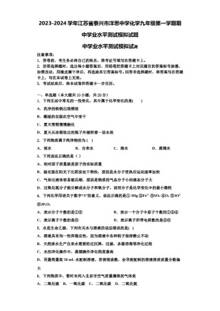 2023-2024学年江苏省泰兴市洋思中学化学九年级第一学期期中学业水平测试模拟试题含解析.doc