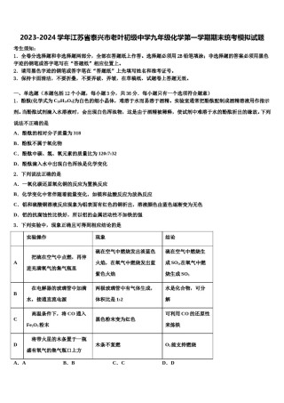 2023-2024学年江苏省泰兴市老叶初级中学九年级化学第一学期期末统考模拟试题含解析.doc