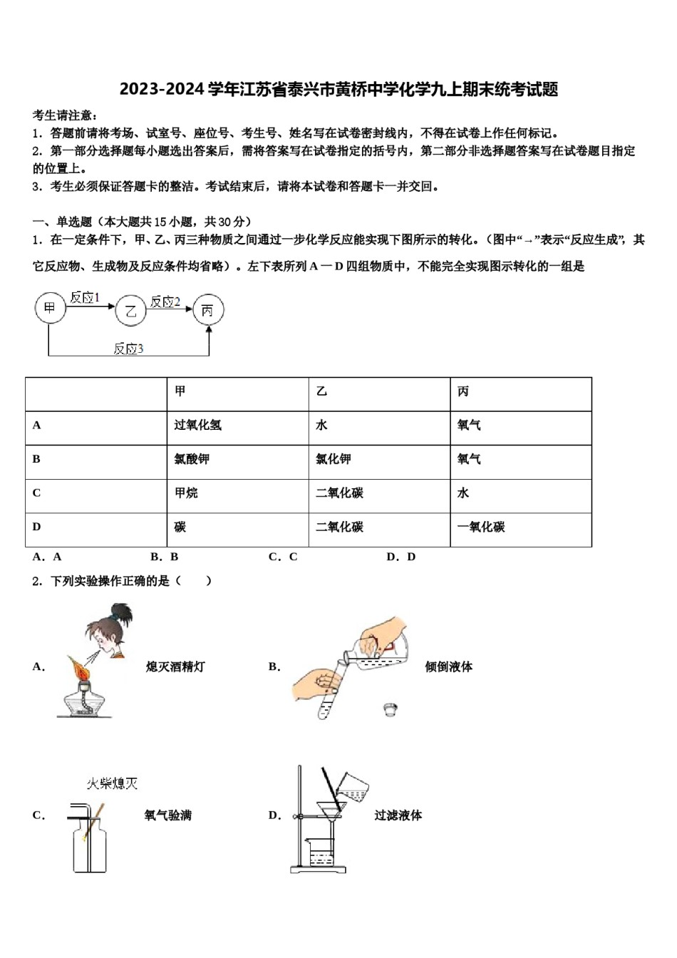 2023-2024学年江苏省泰兴市黄桥中学化学九上期末统考试题含解析.doc_第1页